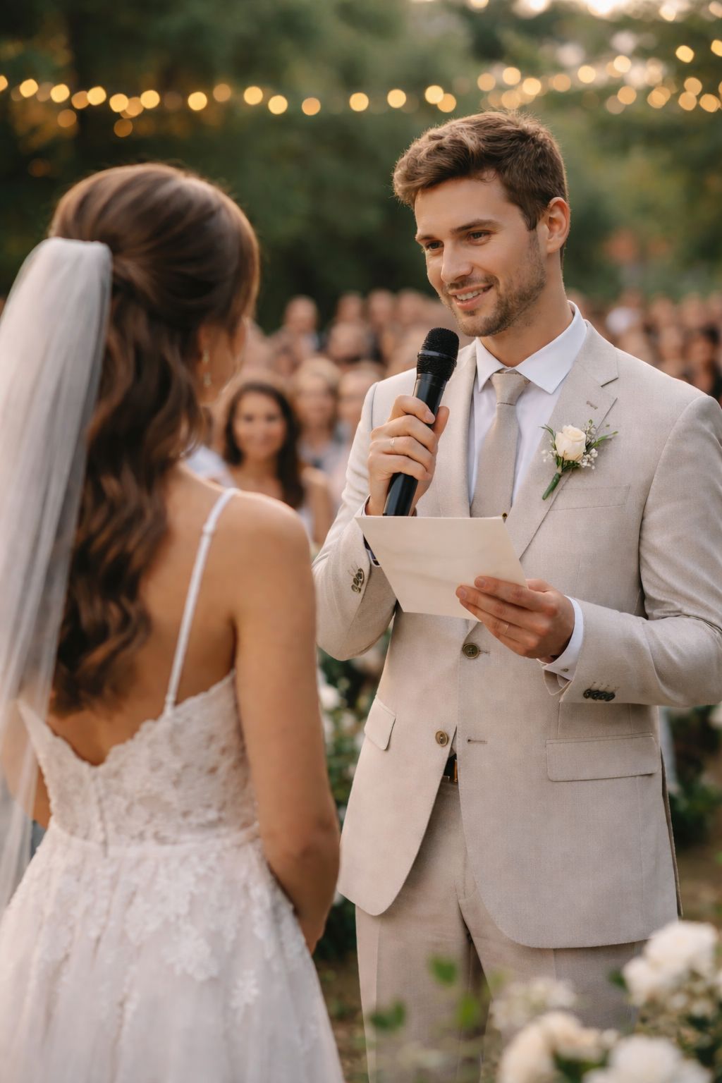 Groom reading vows to bride at outdoor wedding ceremony
